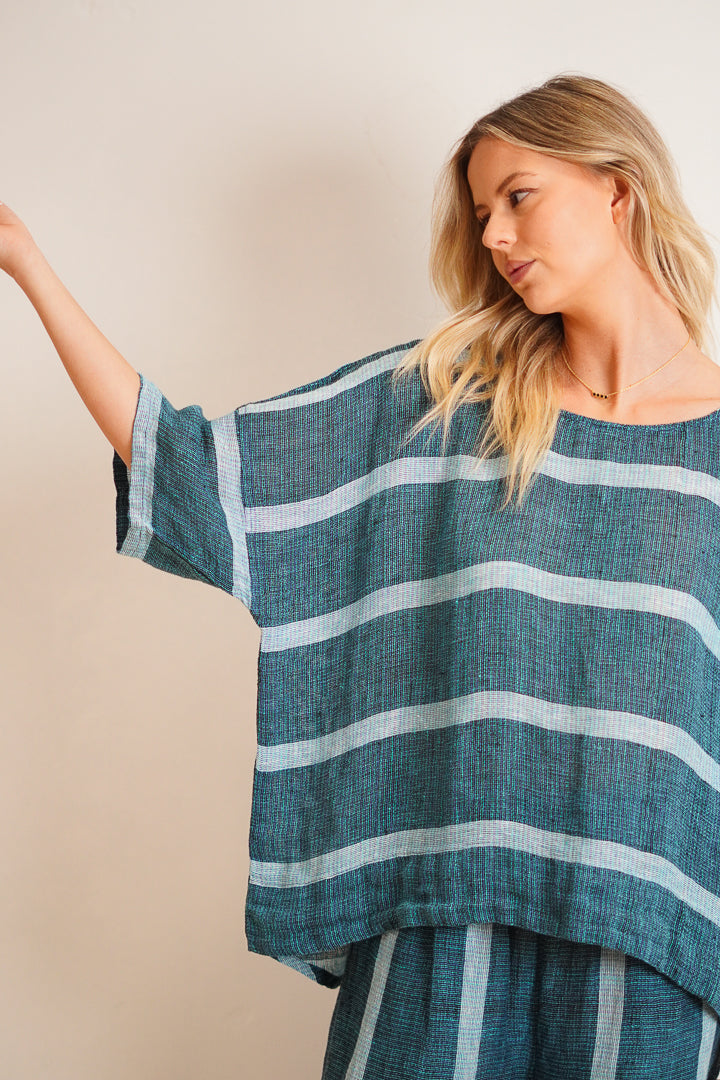 Barbara Top Gemstone Blue Stripe Woven