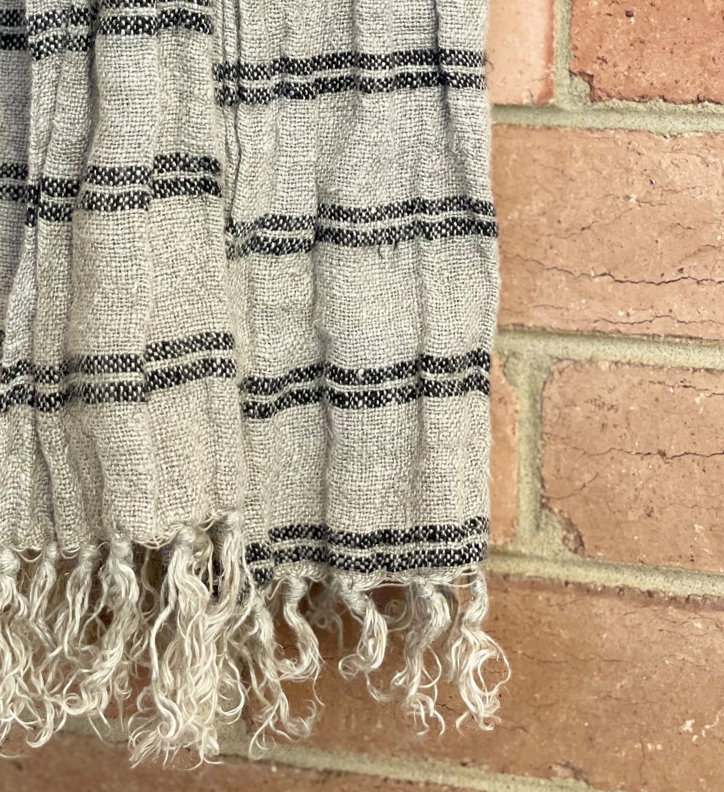 Bed Throw/Table Cloth - Black Stripe-Angaston Handloomed Fringed 100% Linen 150X220Cm