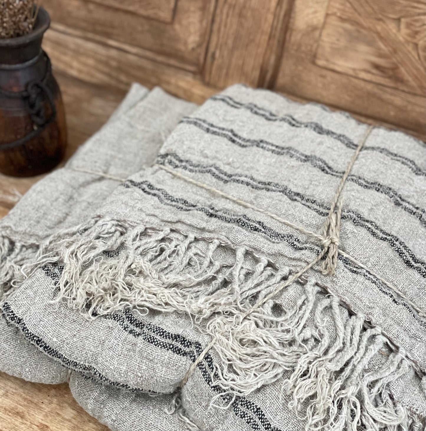 Bed Throw/Table Cloth - Black Stripe-Angaston Handloomed Fringed 100% Linen 150X220Cm
