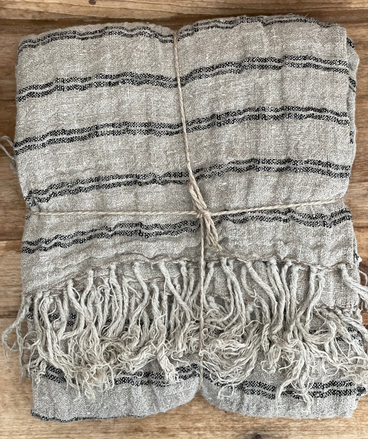 Bed Throw/Table Cloth - Black Stripe-Angaston Handloomed Fringed 100% Linen 150X220Cm