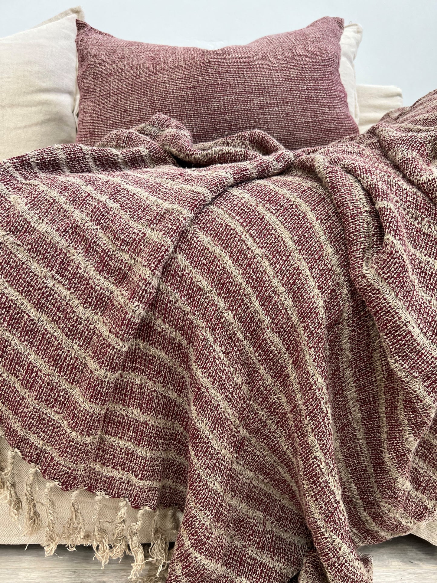 Audrey Spaced Linen Bed Throw Burgundy
