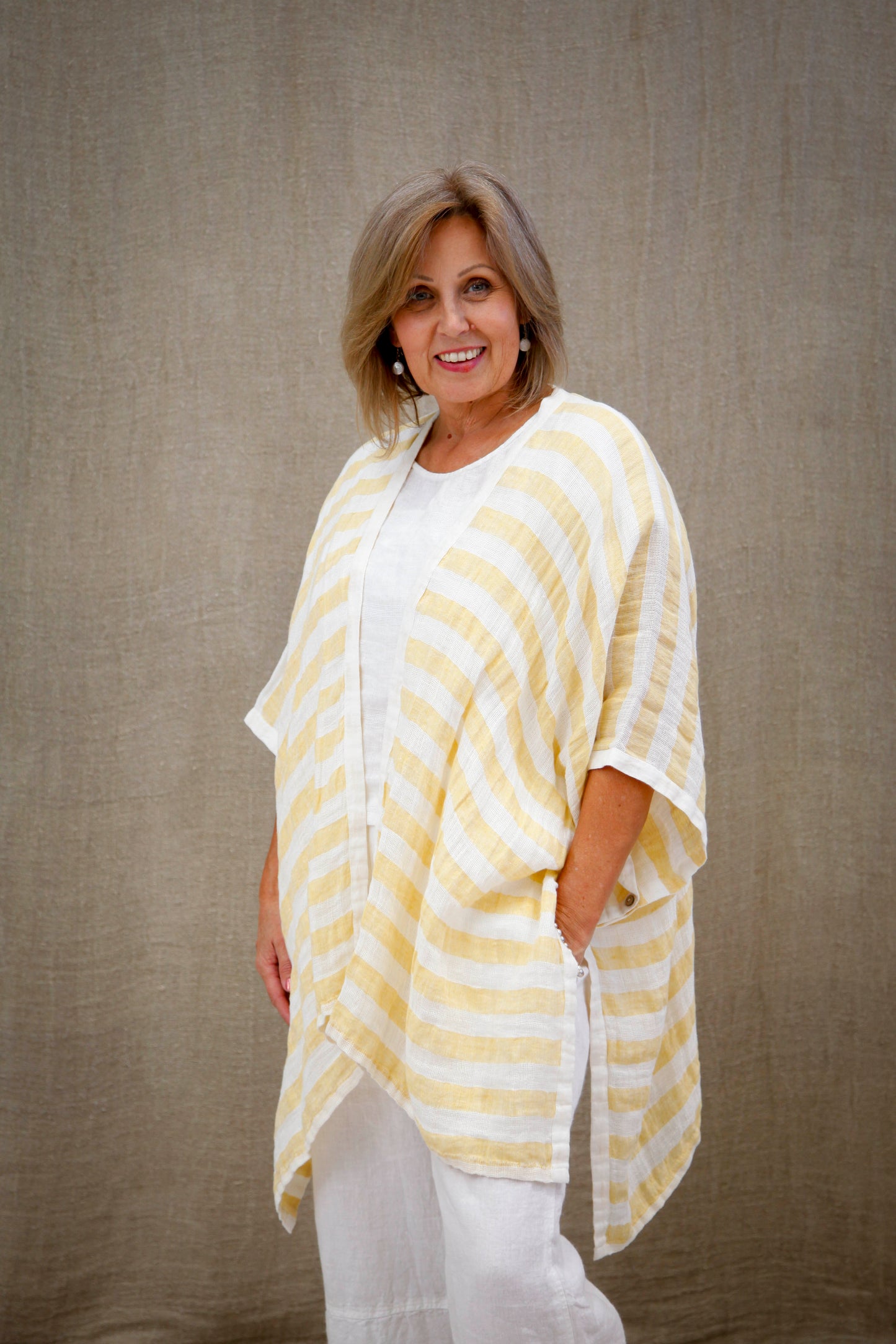 Carmen Linen Cardigan Lemon & White Stripe