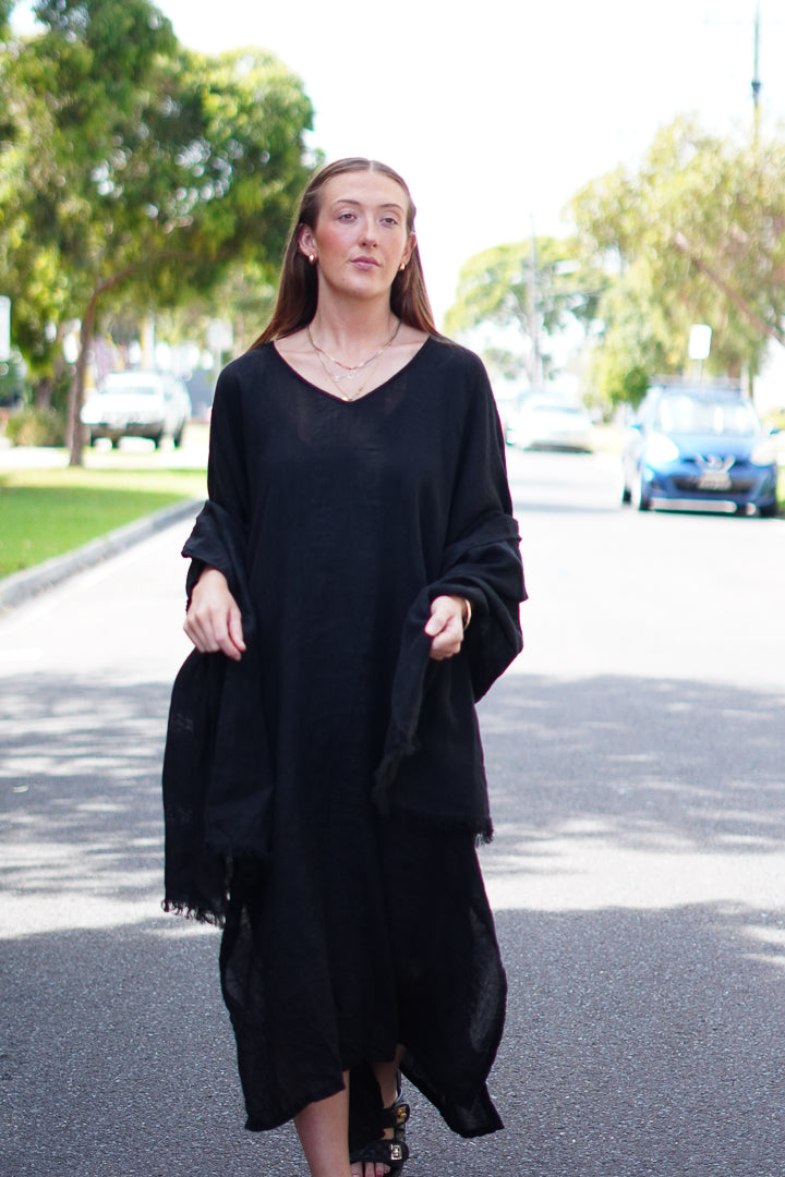 Claudia Elasticated Sleeves Kaftan Black Combo