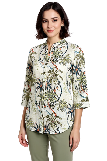 CLM546 – Mandarin Collar Button Shirt (Khaki Palms)