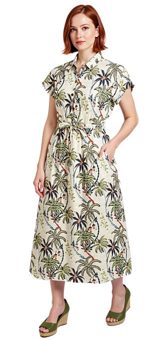 CLM547 – Drawstring Dress w/ Buttons (Khaki Palms)