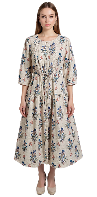 CLM555 – Round Neck Pintuck Dress (Vintage Floral)