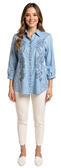 CLM558 – Linen/Viscose Button Shirt, Cornelli Embroidery