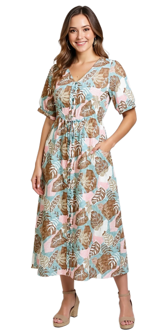 CLM564 – V-neck Drawstring Dress (Sienna Floral / Mocha Patch)