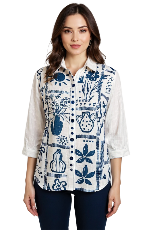 CLM569 – Cotton Button Shirt, Patchwork Front