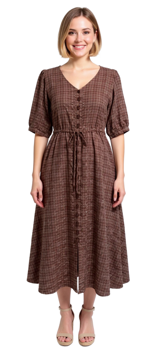 CLM571 – Plain Check V-neck Dress