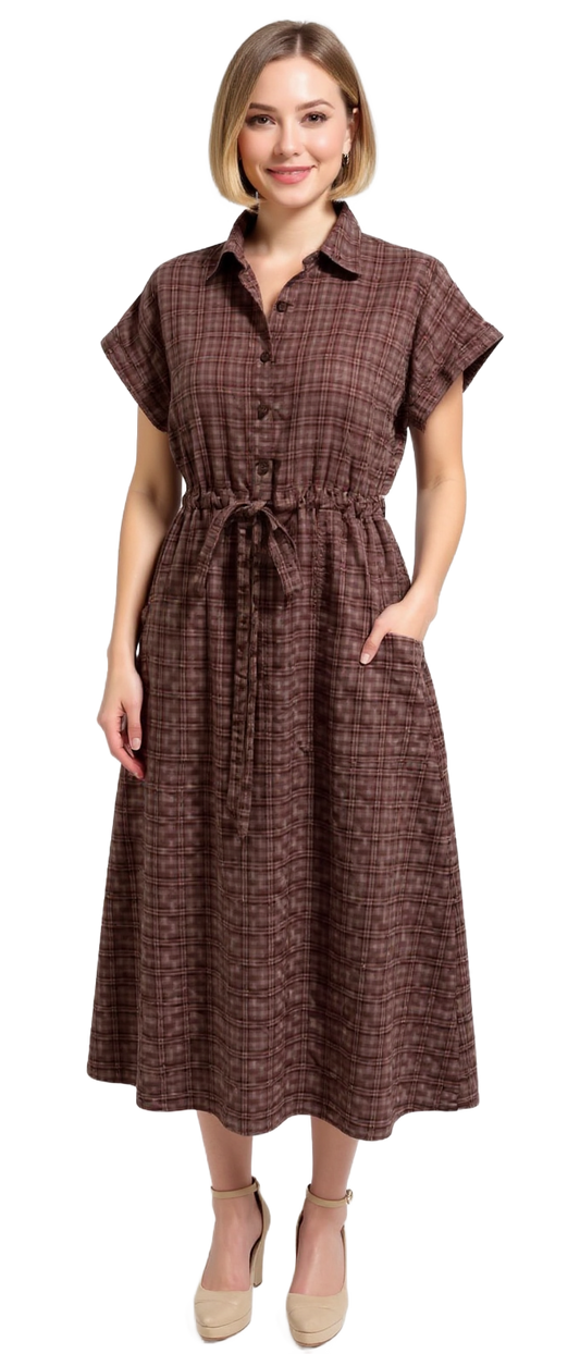 CLM572 – Plain Check Collar Dress (front pockets)