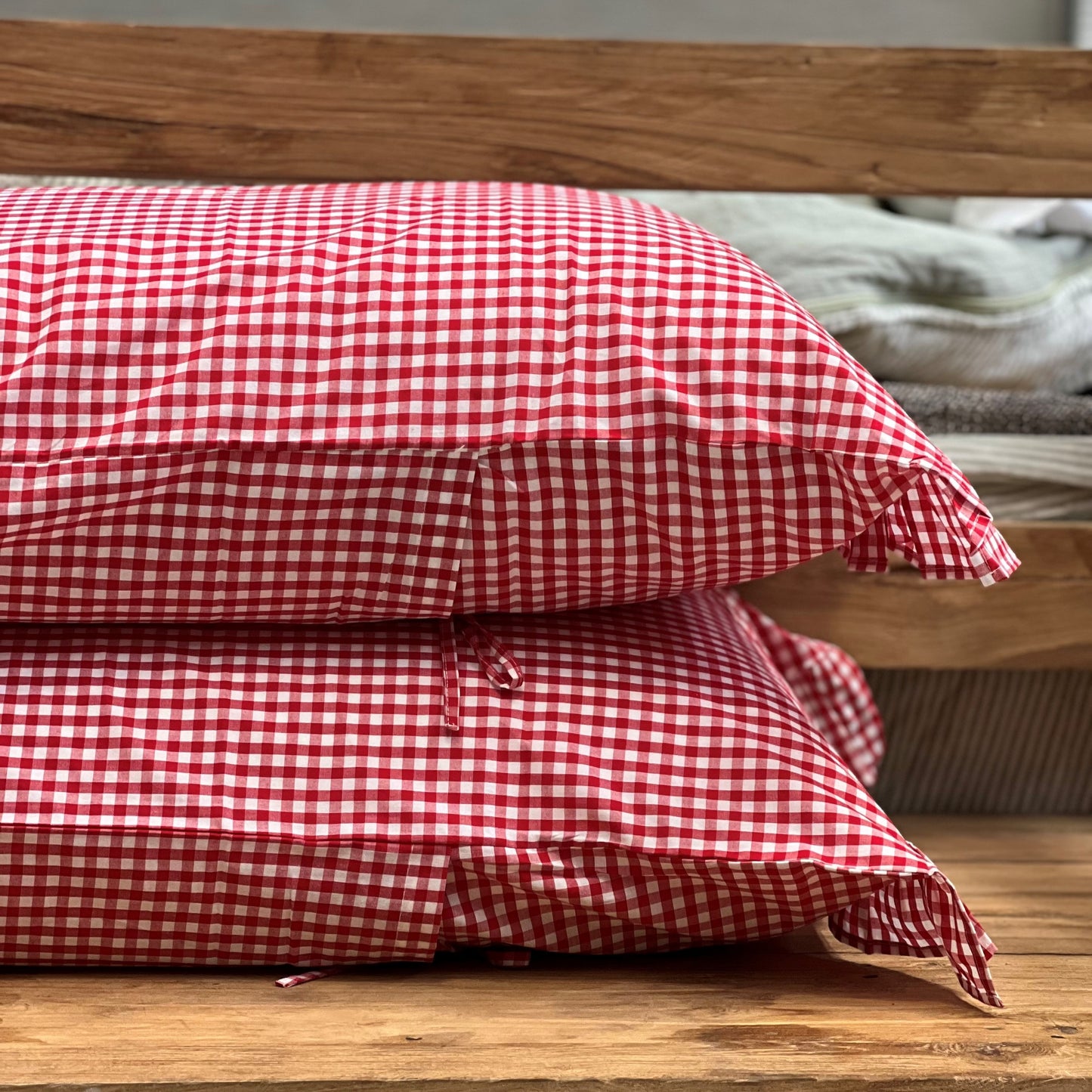 S/2 Red Check Frilled Cotton Pillowcases