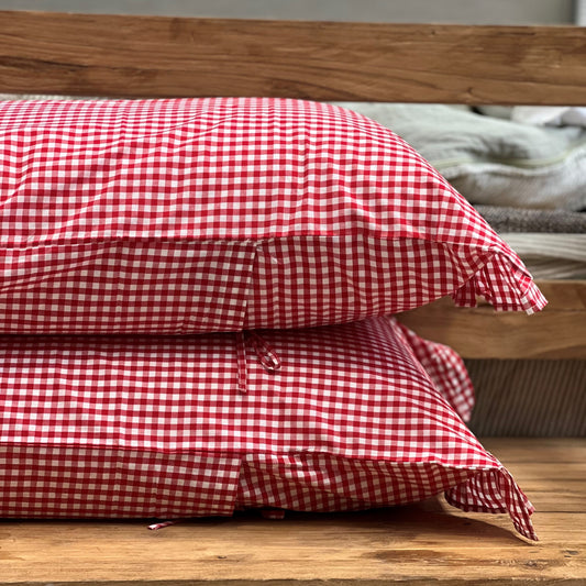 S/2 Red Check Frilled Cotton Pillowcases
