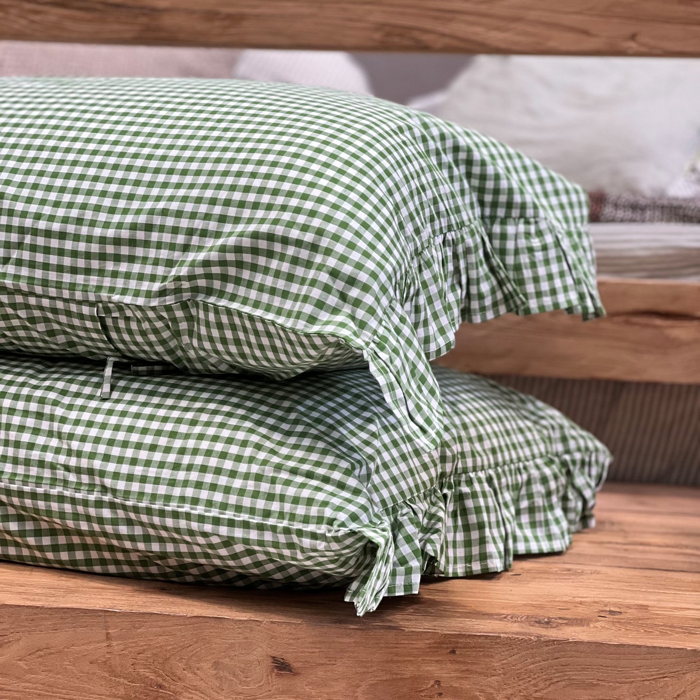 S/2 Green Check Frilled Cotton Pillowcases