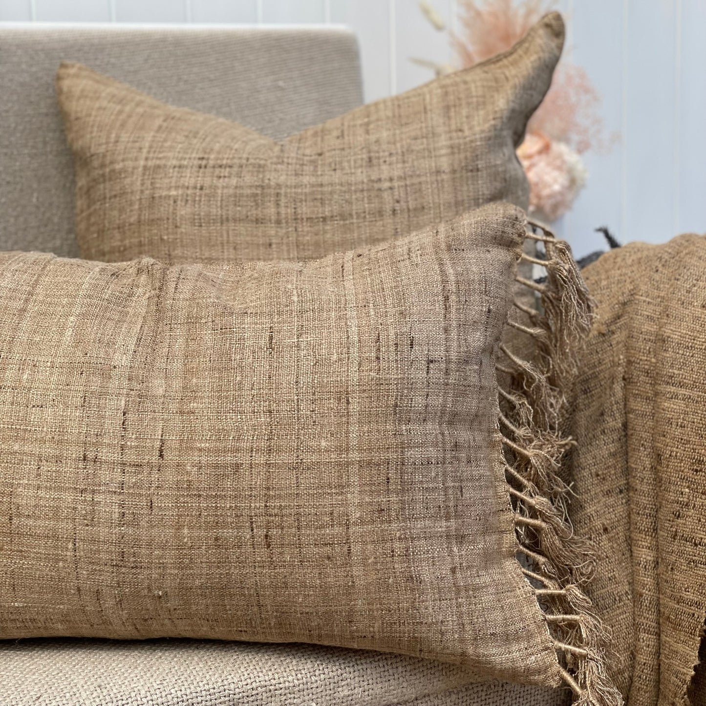 Tussar Wild Silk Cushion Cover Knotted Fringes - Natural 40 X 60 Cm