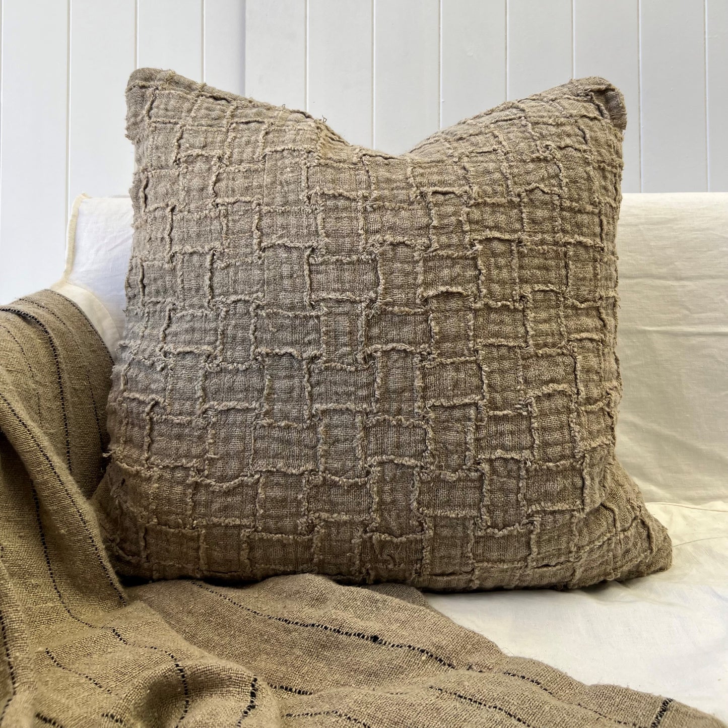 Lucas Linen Cushion Cover Natural Rustic Blocks 60X60Cm