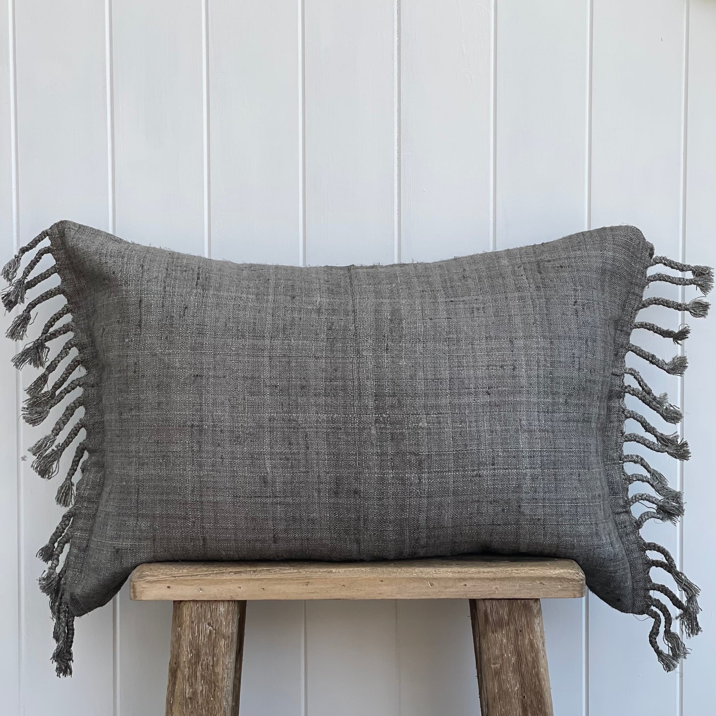 Tussar Wild Silk Cushion Cover Braided Fringes - Grey