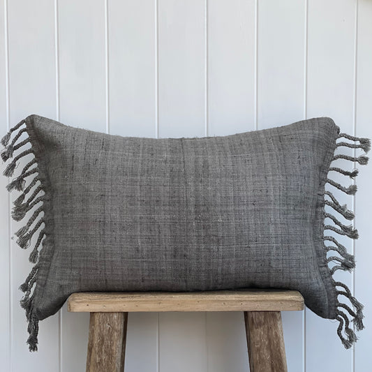Tussar Wild Silk Cushion Cover Braided Fringes - Grey