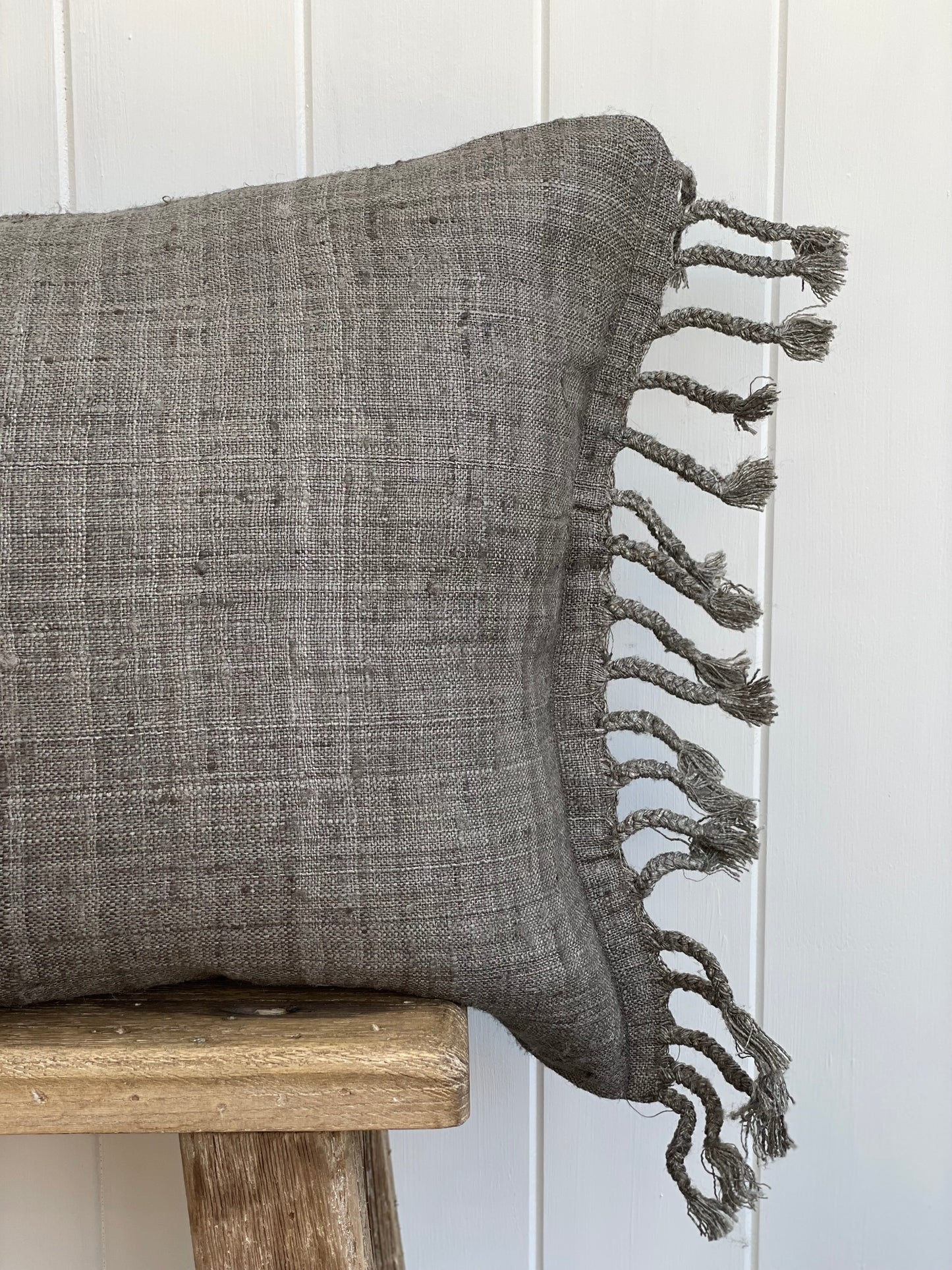 Tussar Wild Silk Cushion Cover Braided Fringes - Grey