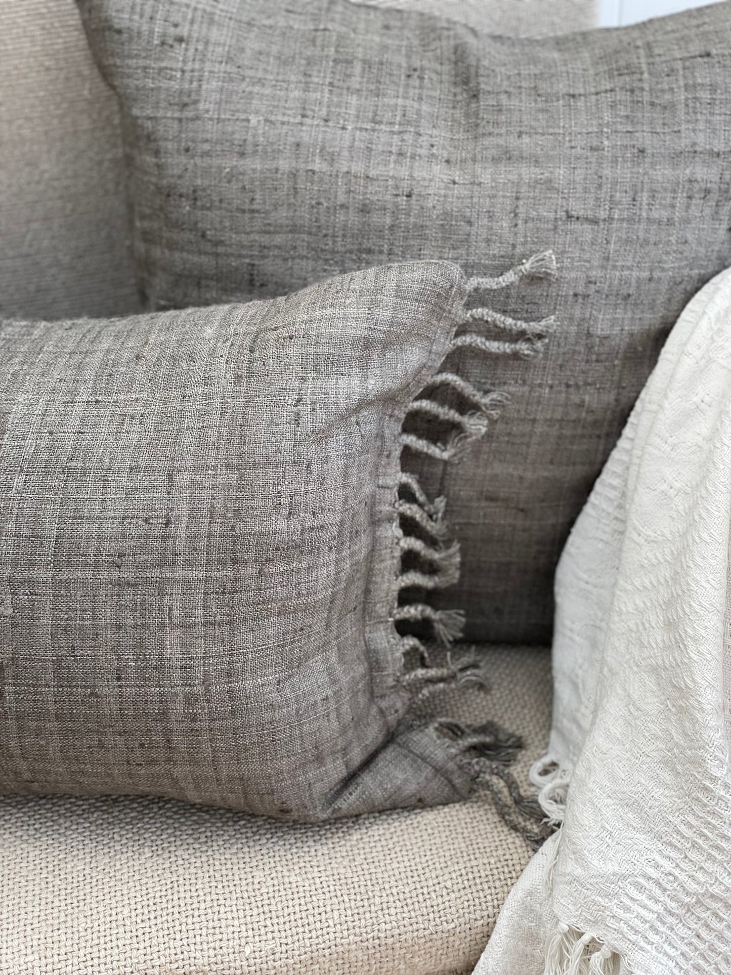 Tussar Wild Silk Cushion Cover Braided Fringes - Grey
