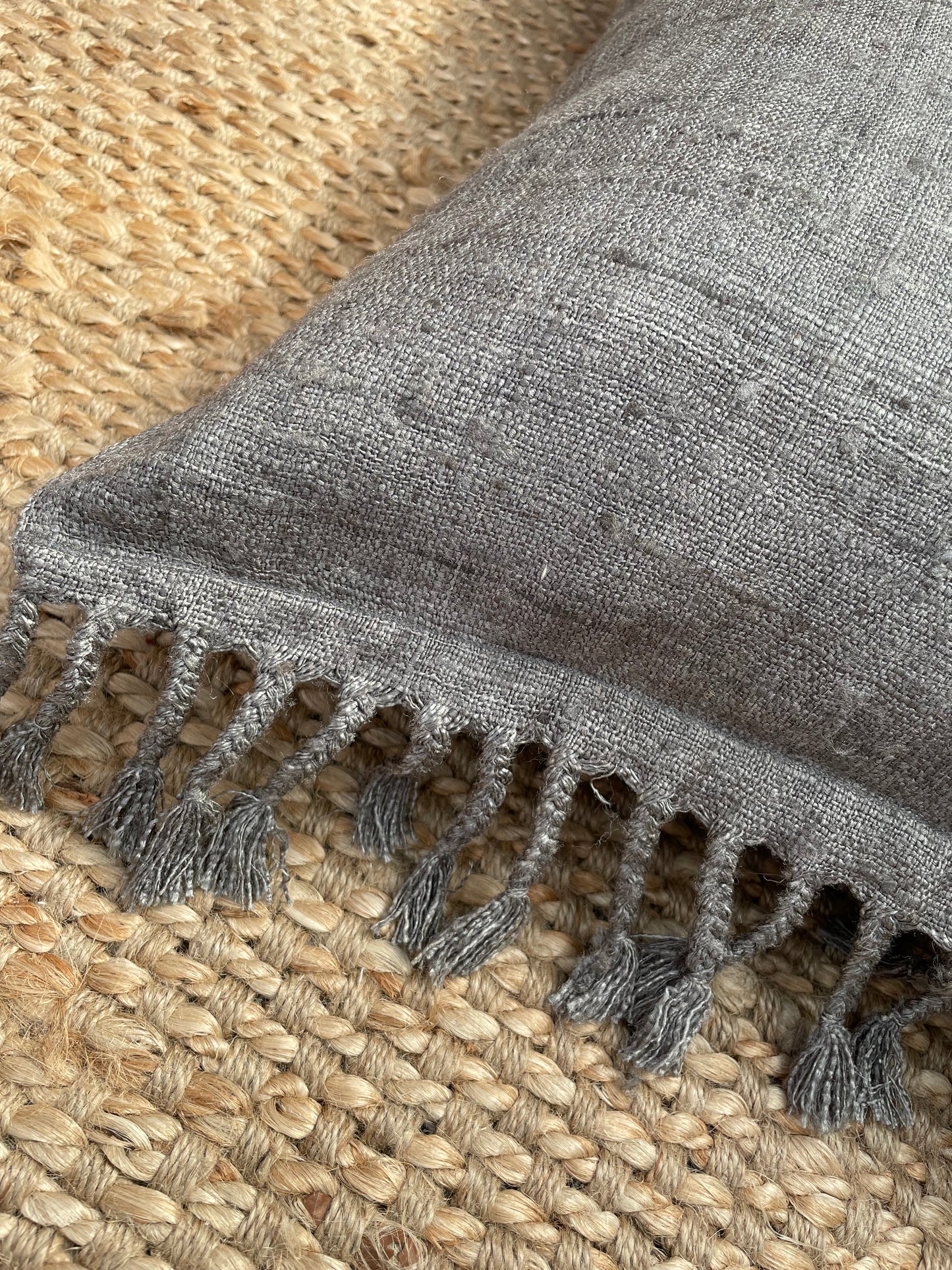 Tussar Wild Silk Cushion Cover Braided Fringes - Grey