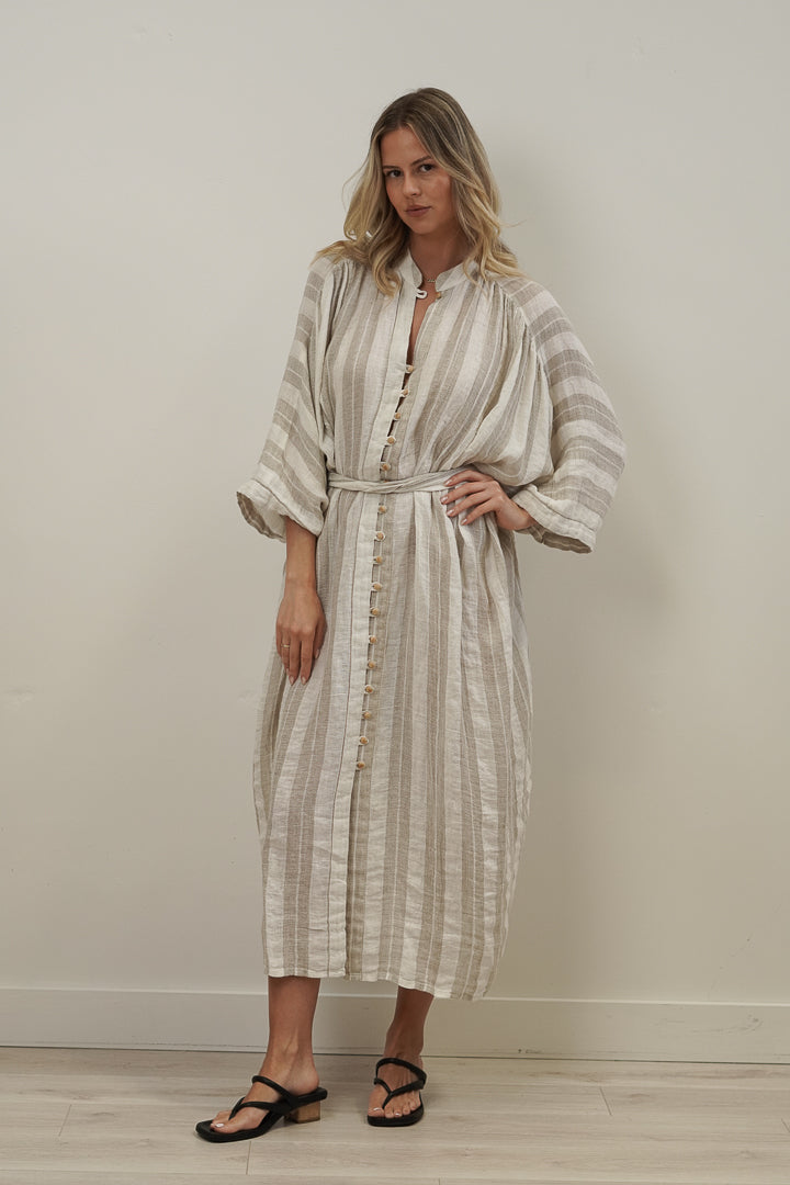 Donna Oversized Buttoned Dress Natural White Stripes