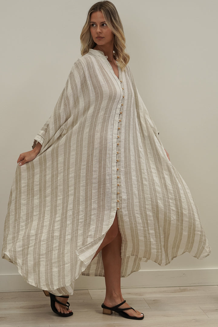 Donna Oversized Buttoned Dress Natural White Stripes