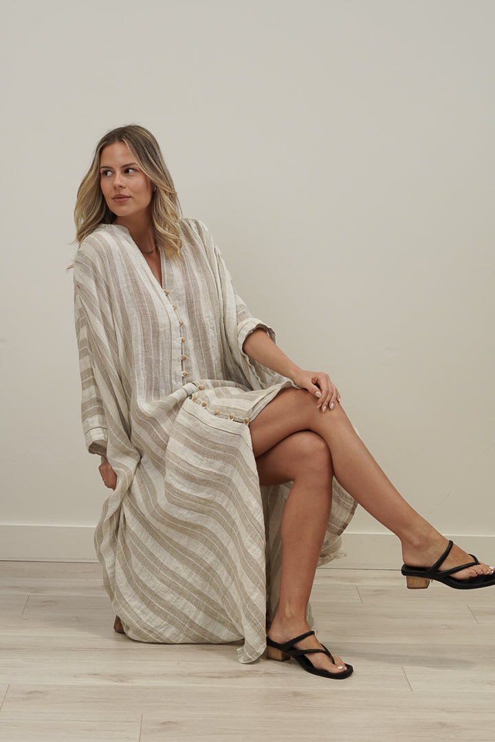 Donna Oversized Buttoned Dress Natural White Stripes