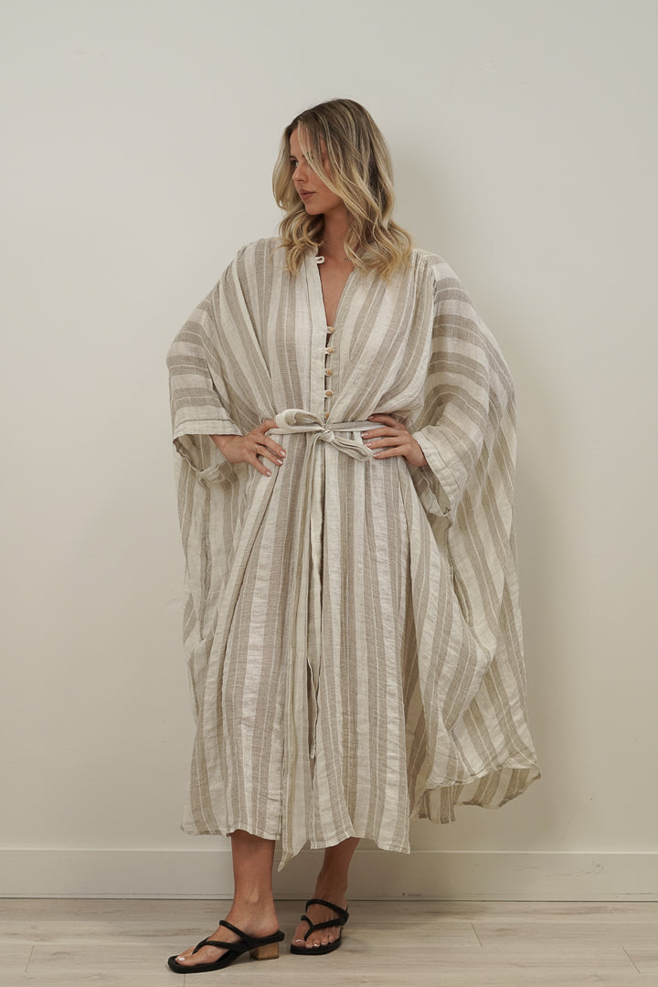 Donna Oversized Buttoned Dress Natural White Stripes
