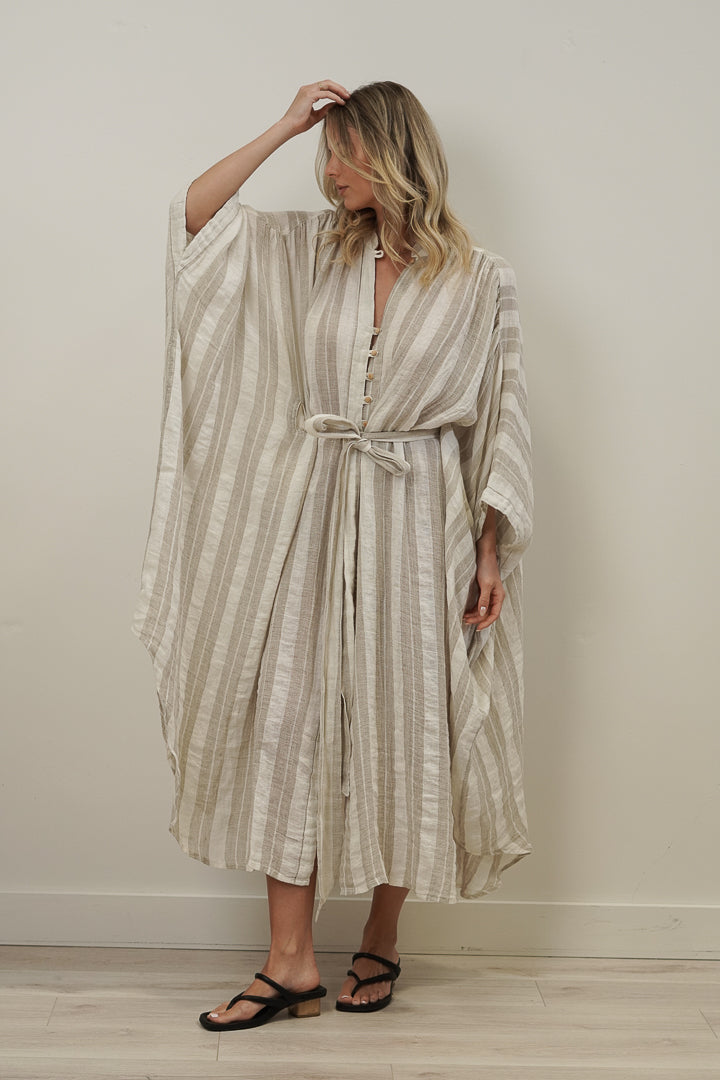 Donna Oversized Buttoned Dress Natural White Stripes