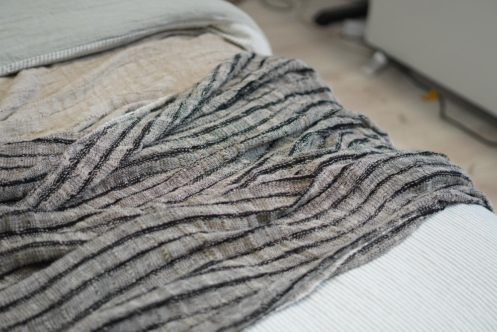 Audrey Linen Bed Throw Black & Natural Diagonal Spaced