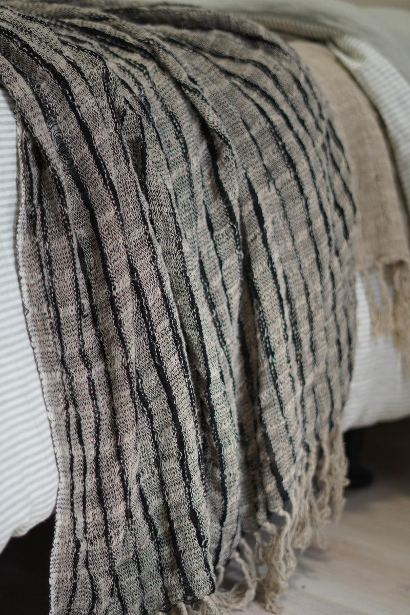 Audrey Linen Bed Throw Black & Natural Diagonal Spaced