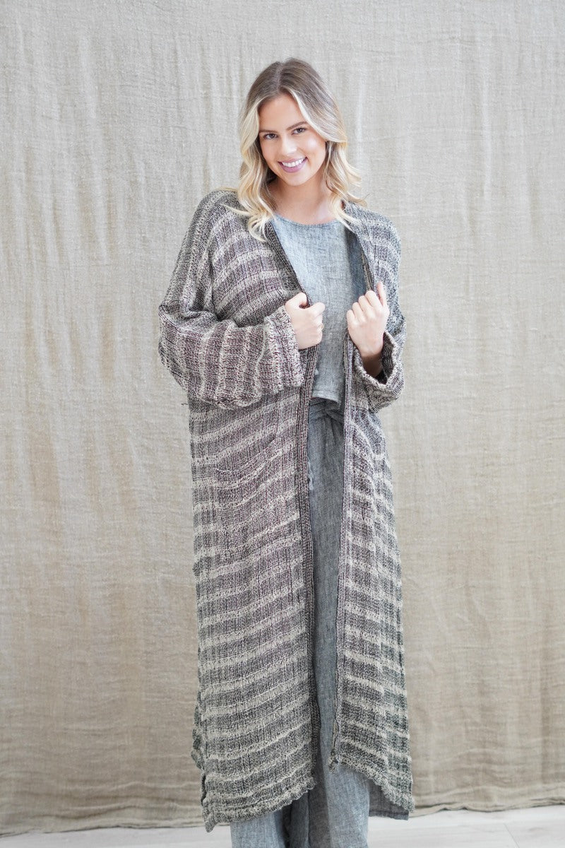 Audrey Long Linen Cardigan Spaced Black & Nat