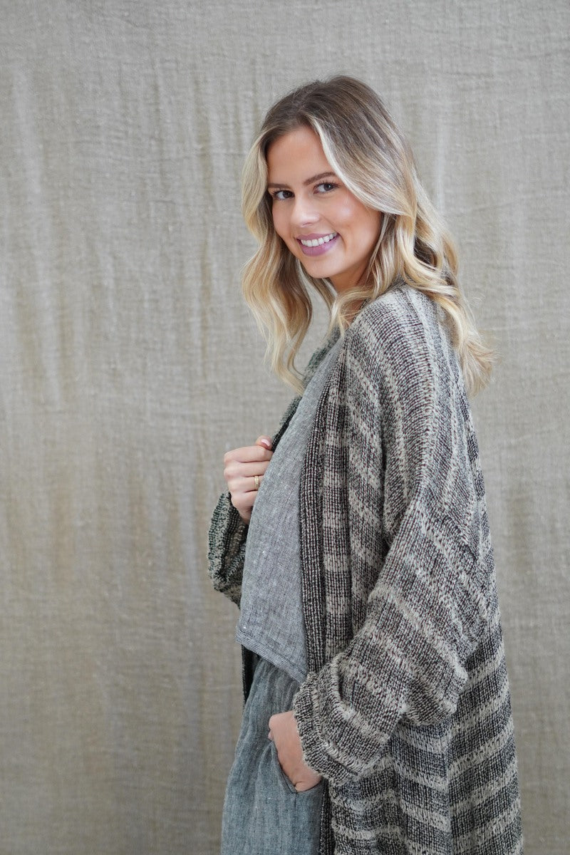 Audrey Long Linen Cardigan Spaced Black & Nat