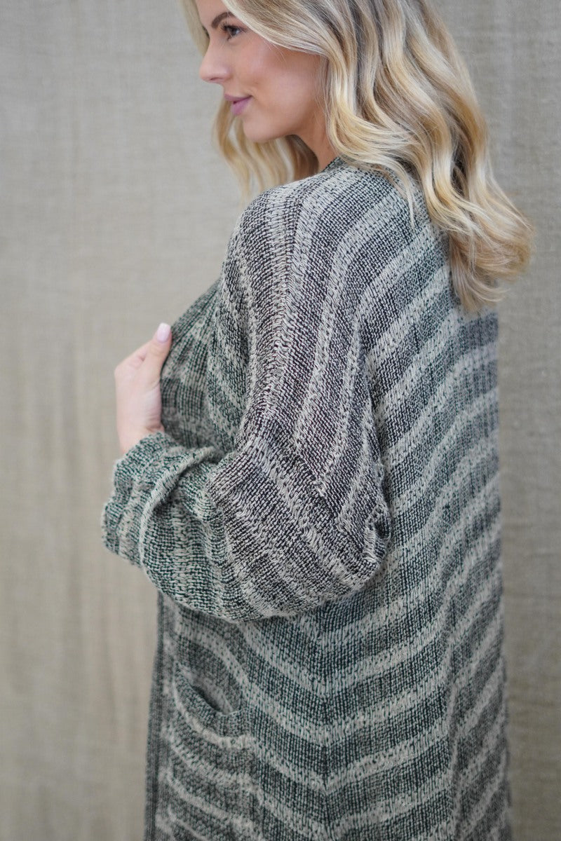 Audrey Long Linen Cardigan Spaced Black & Nat
