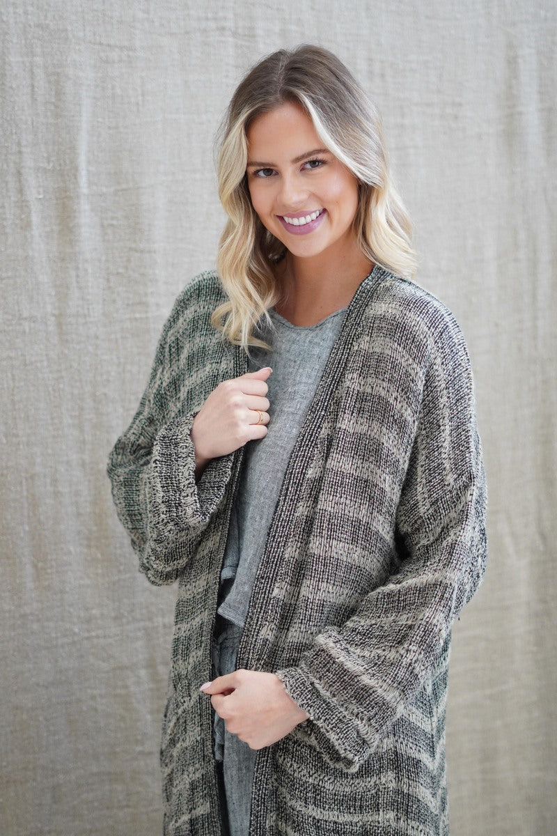 Audrey Long Linen Cardigan Spaced Black & Nat