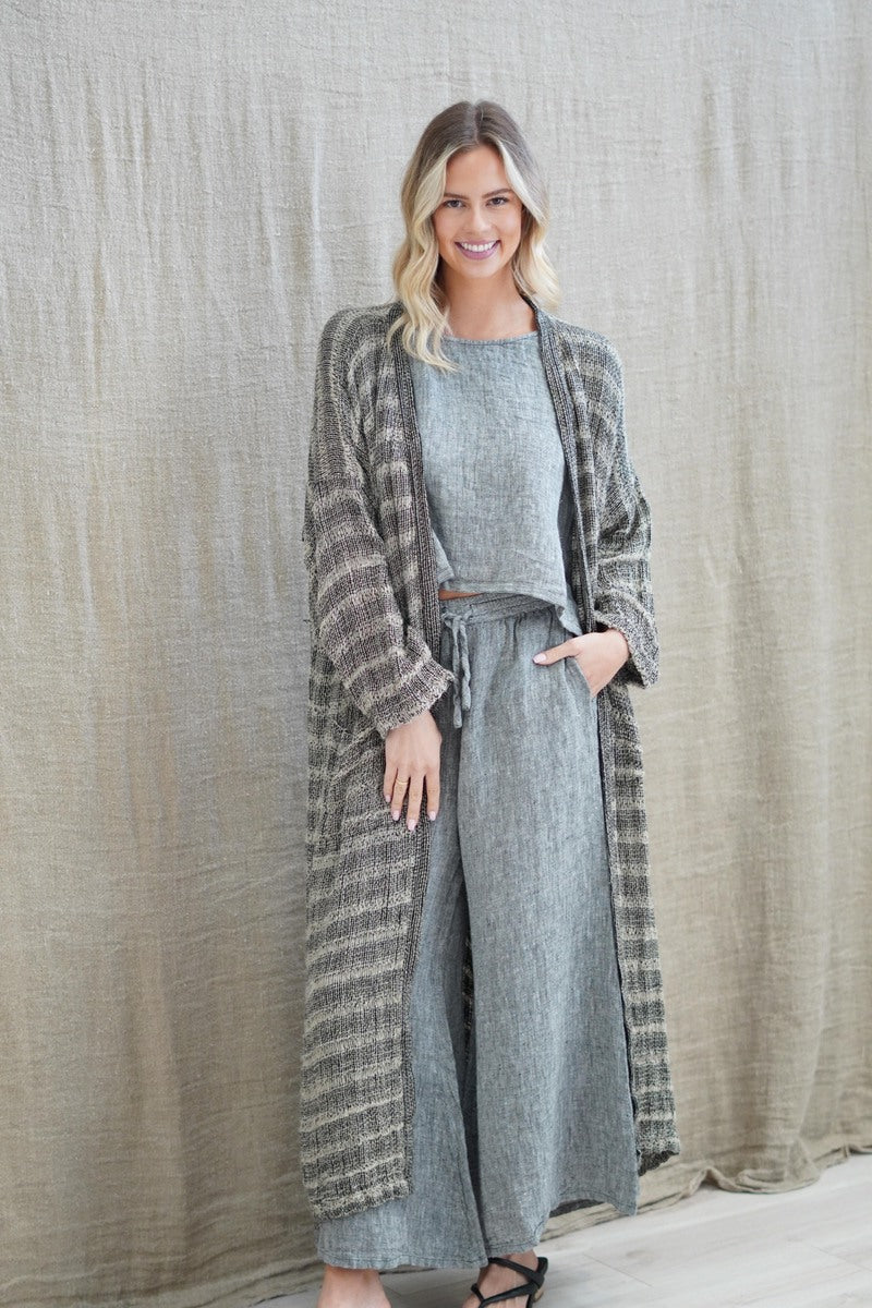 Audrey Long Linen Cardigan Spaced Black & Nat