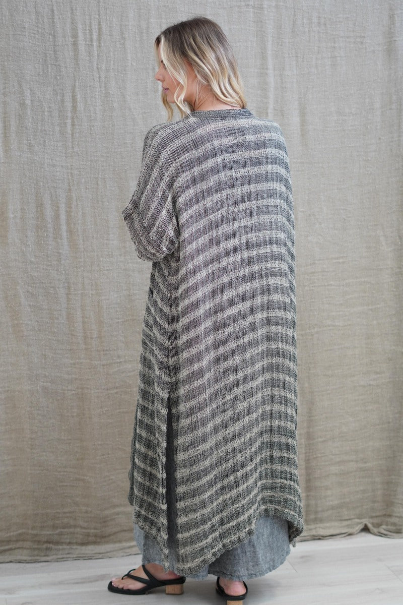 Audrey Long Linen Cardigan Spaced Black & Nat