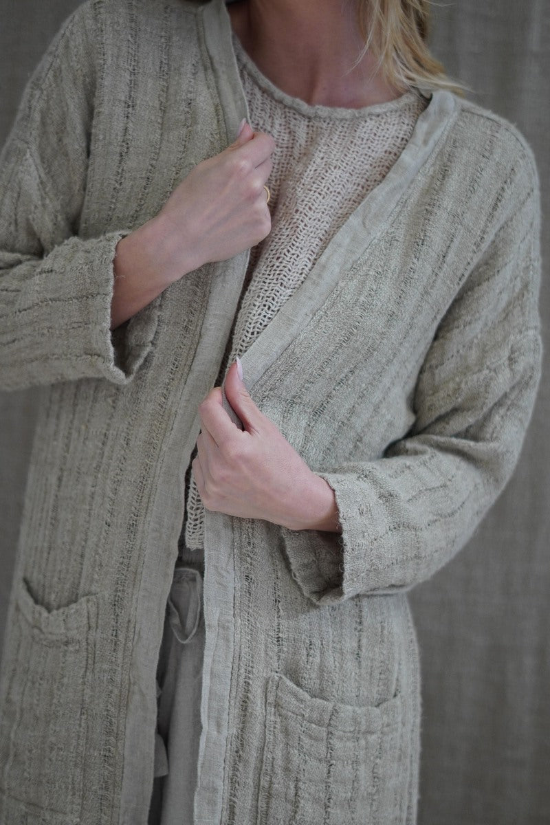 Audrey Long Linen Cardigan Natural Spaced Vertical
