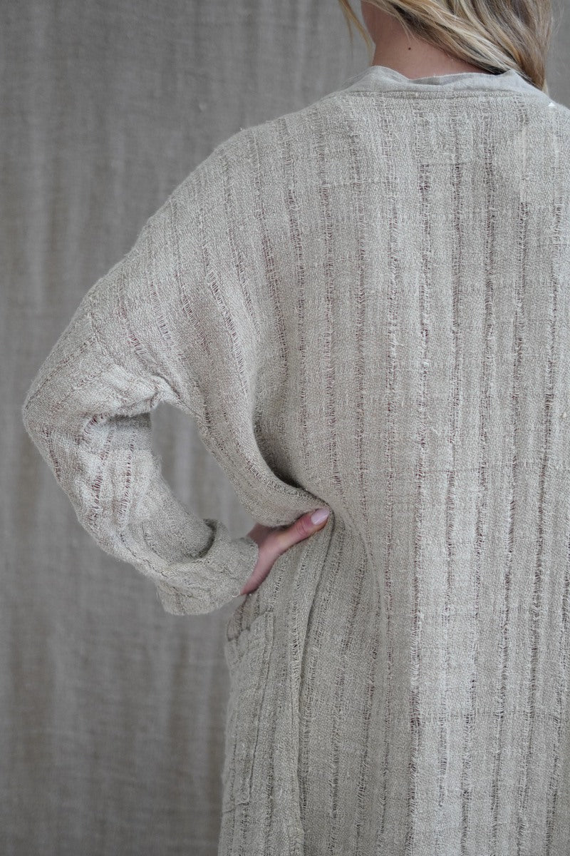 Audrey Long Linen Cardigan Natural Spaced Vertical