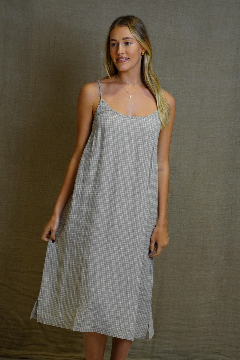 Ashley Long Linen Slip Dress Check Taupe