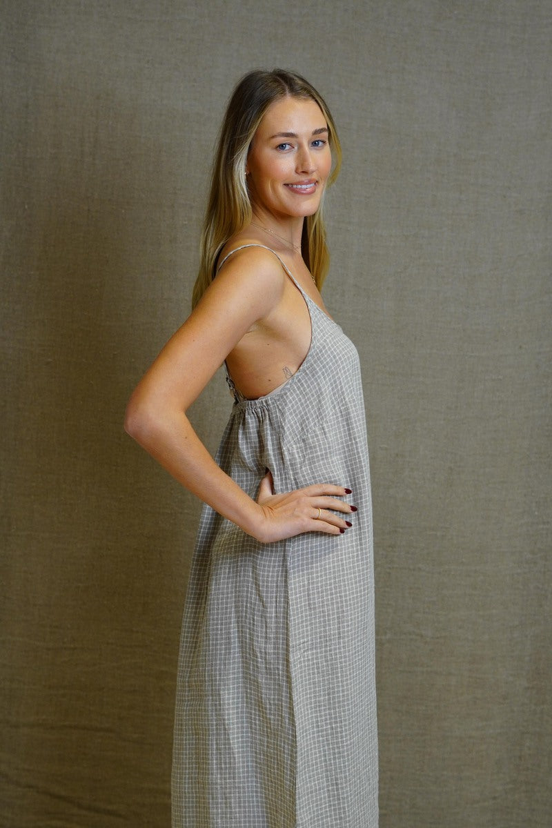 Ashley Long Linen Slip Dress Check Taupe