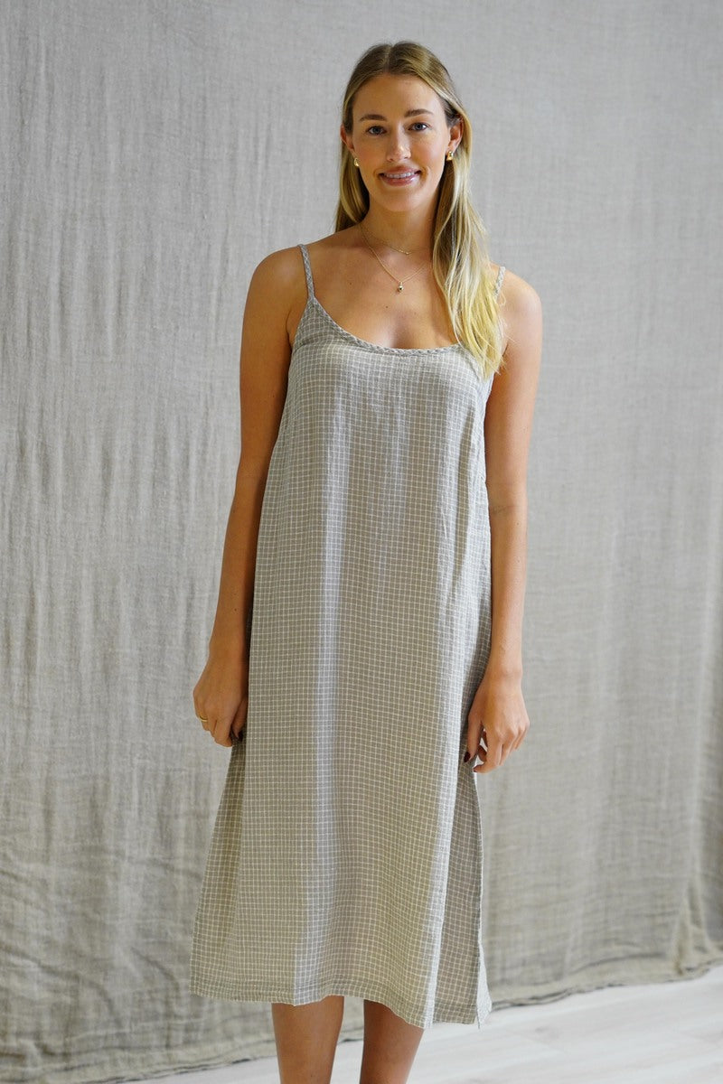 Ashley Long Linen Slip Dress Check Taupe