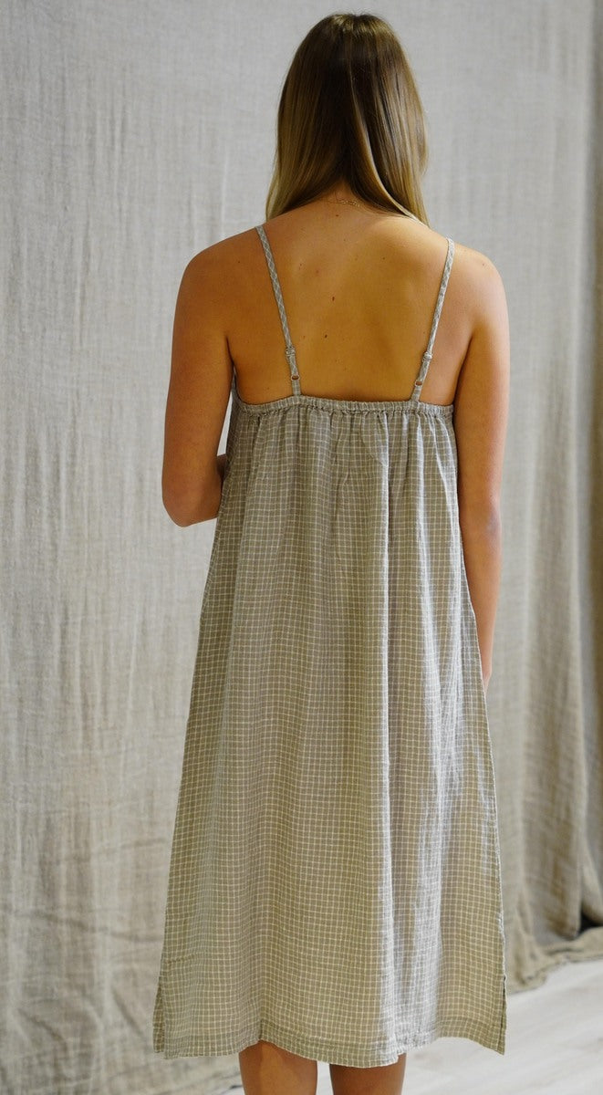 Ashley Long Linen Slip Dress Check Taupe