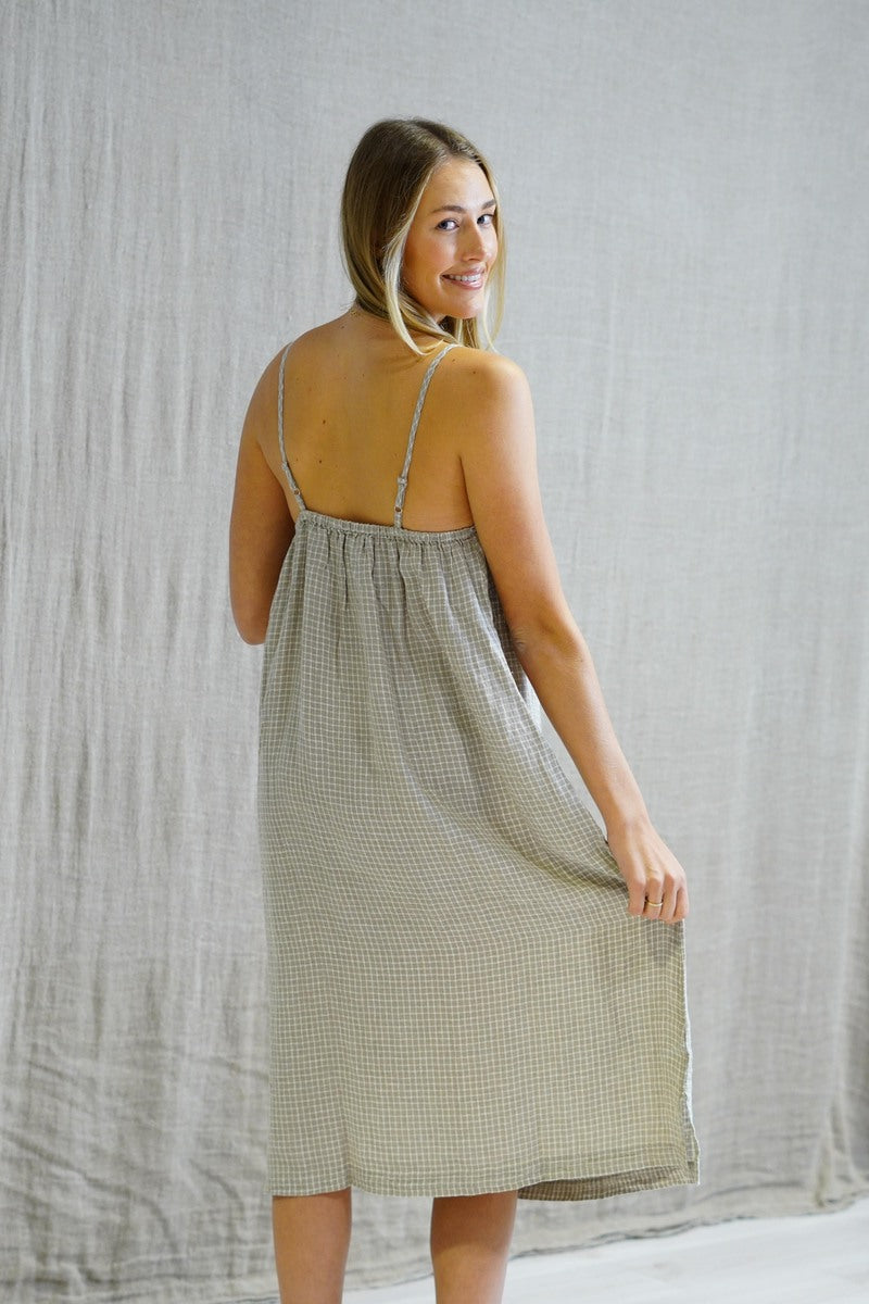Ashley Long Linen Slip Dress Check Taupe