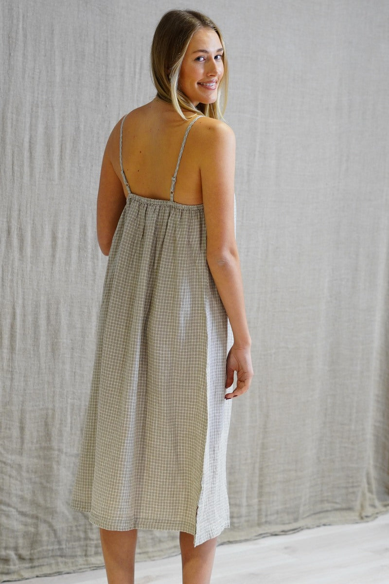 Ashley Long Linen Slip Dress Check Taupe
