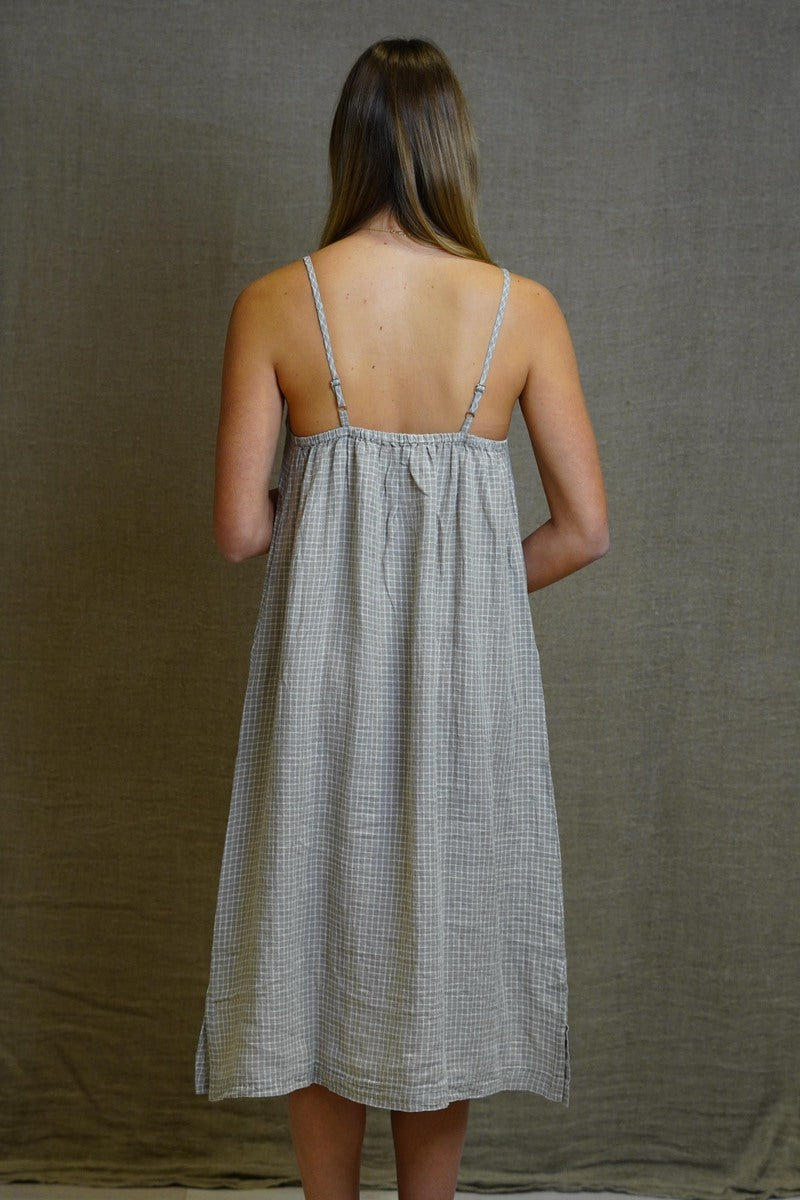 Ashley Long Linen Slip Dress Check Taupe