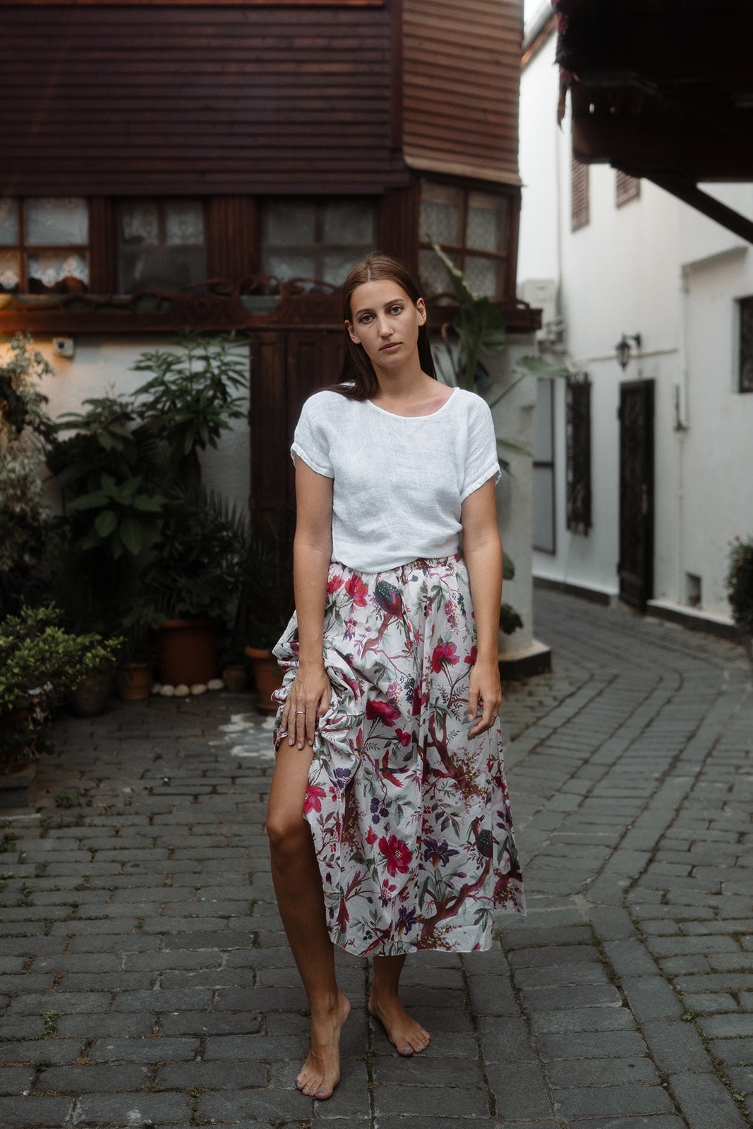 Bird Print White Skirt With Lining