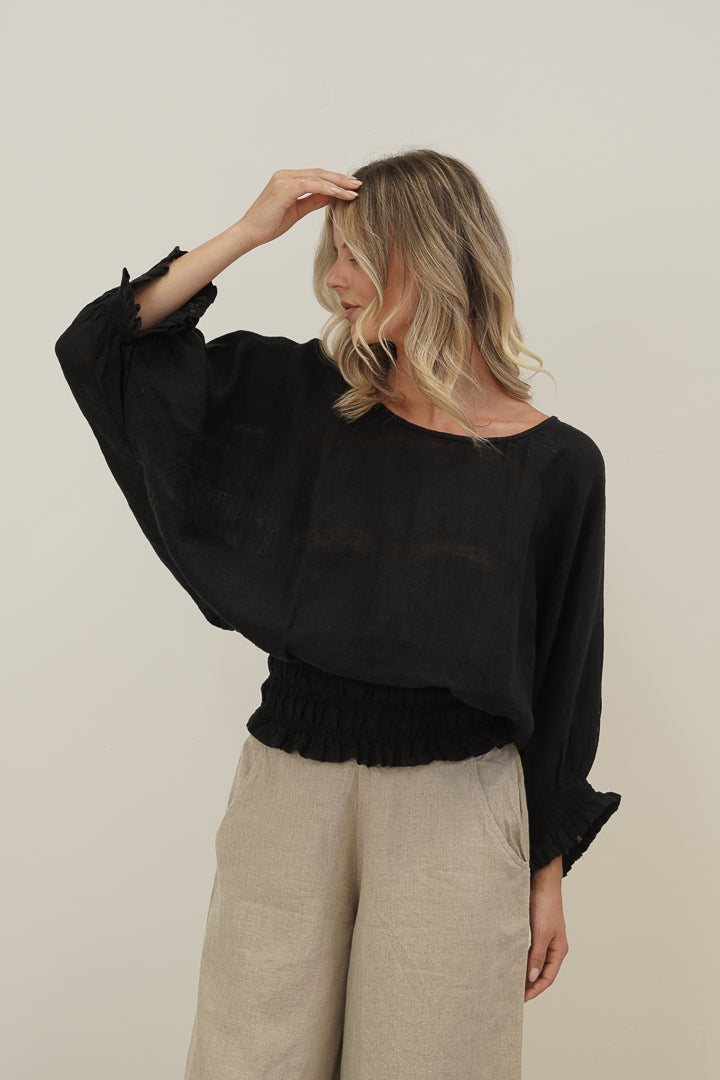 Serena Shirred Hem Top Black Combo