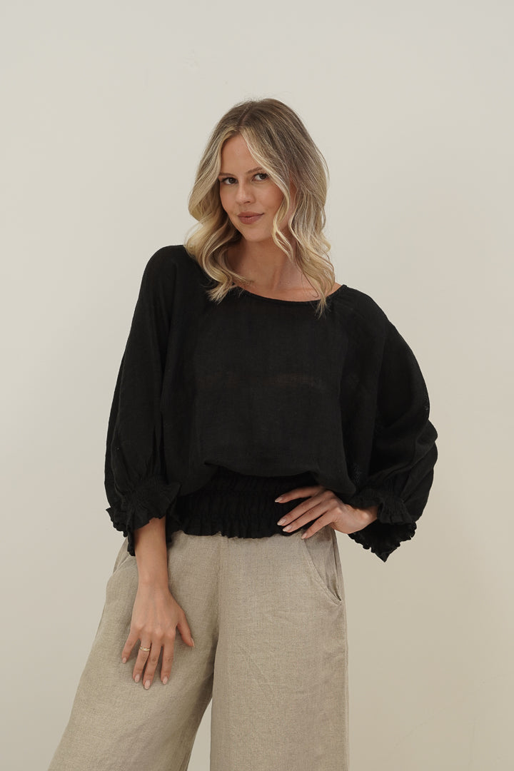 Serena Shirred Hem Top Black Combo